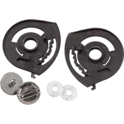 Two black plastic circular mounting pieces with cutout details, shown alongside a silver metal pin and two small clear plastic fasteners on a plain white background.