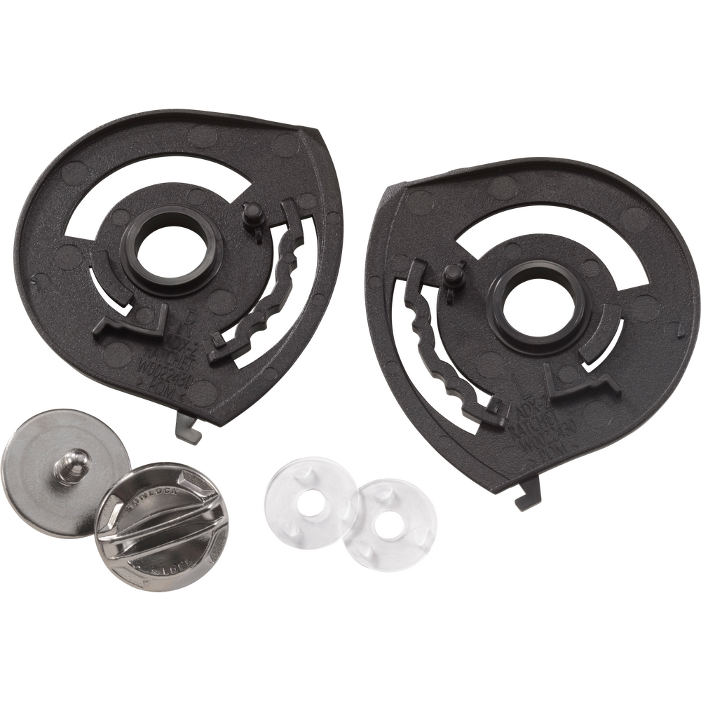 Two black plastic circular mounting pieces with cutout details, shown alongside a silver metal pin and two small clear plastic fasteners on a plain white background.