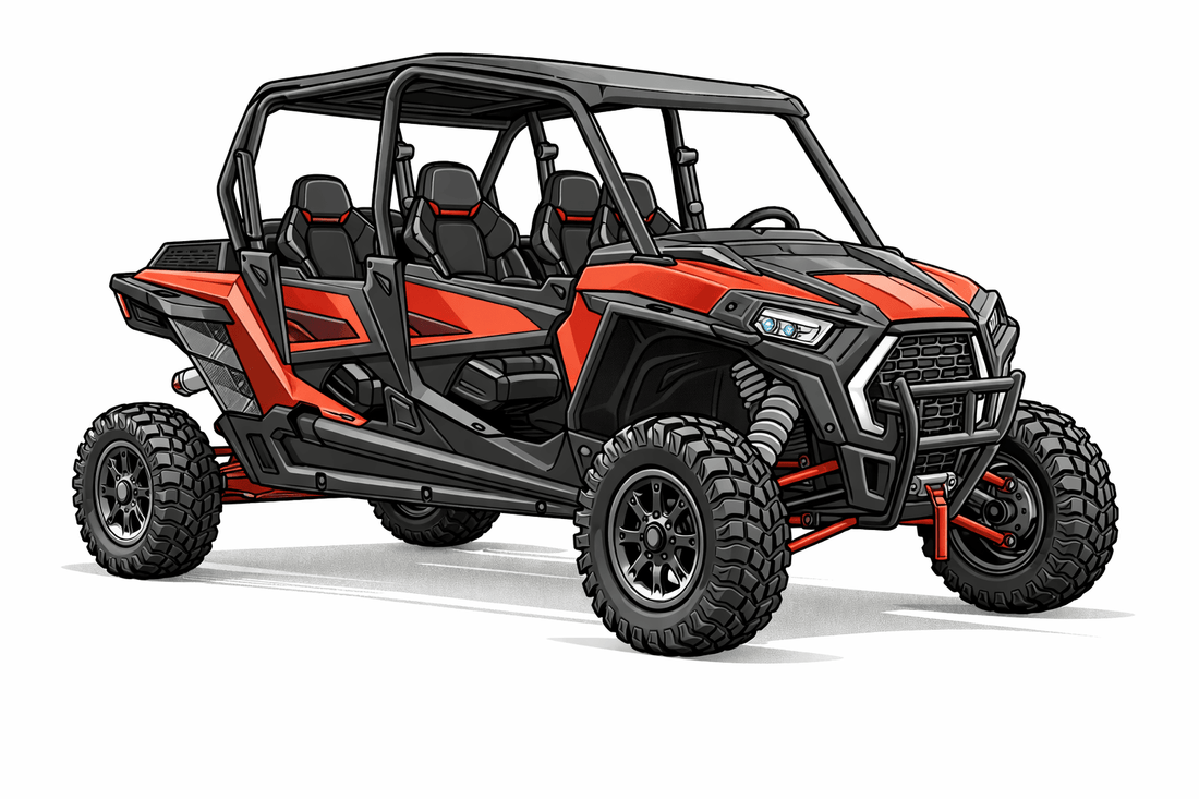 Orange and black four-seater UTV on a white background