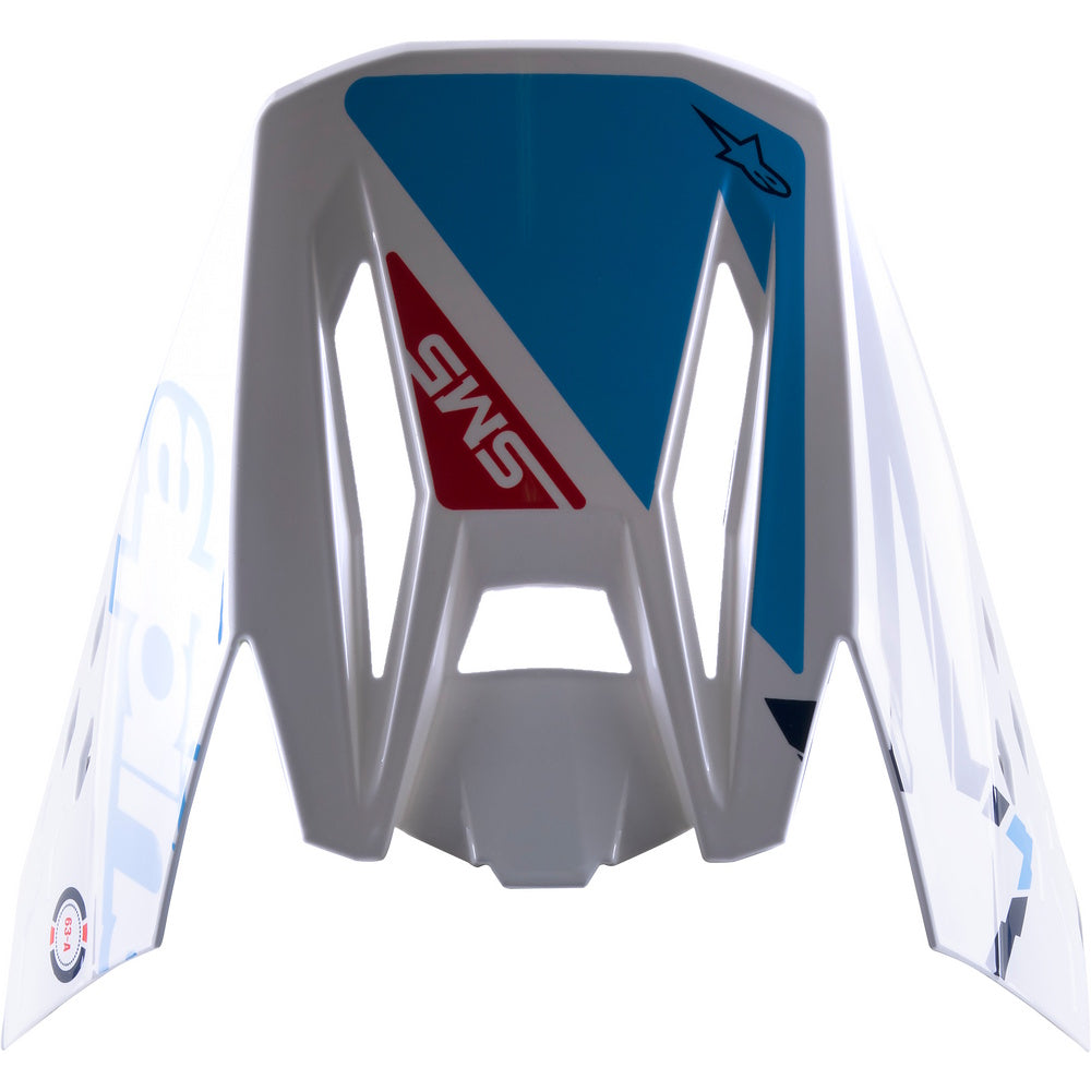 Action White/Cyan/Blue motorcycle Peak Visor with a logo on a white background