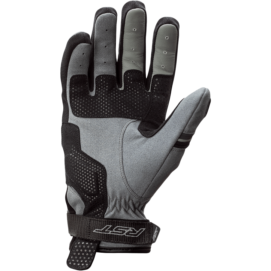 Gray and black glove with 'RST' branding on a white background