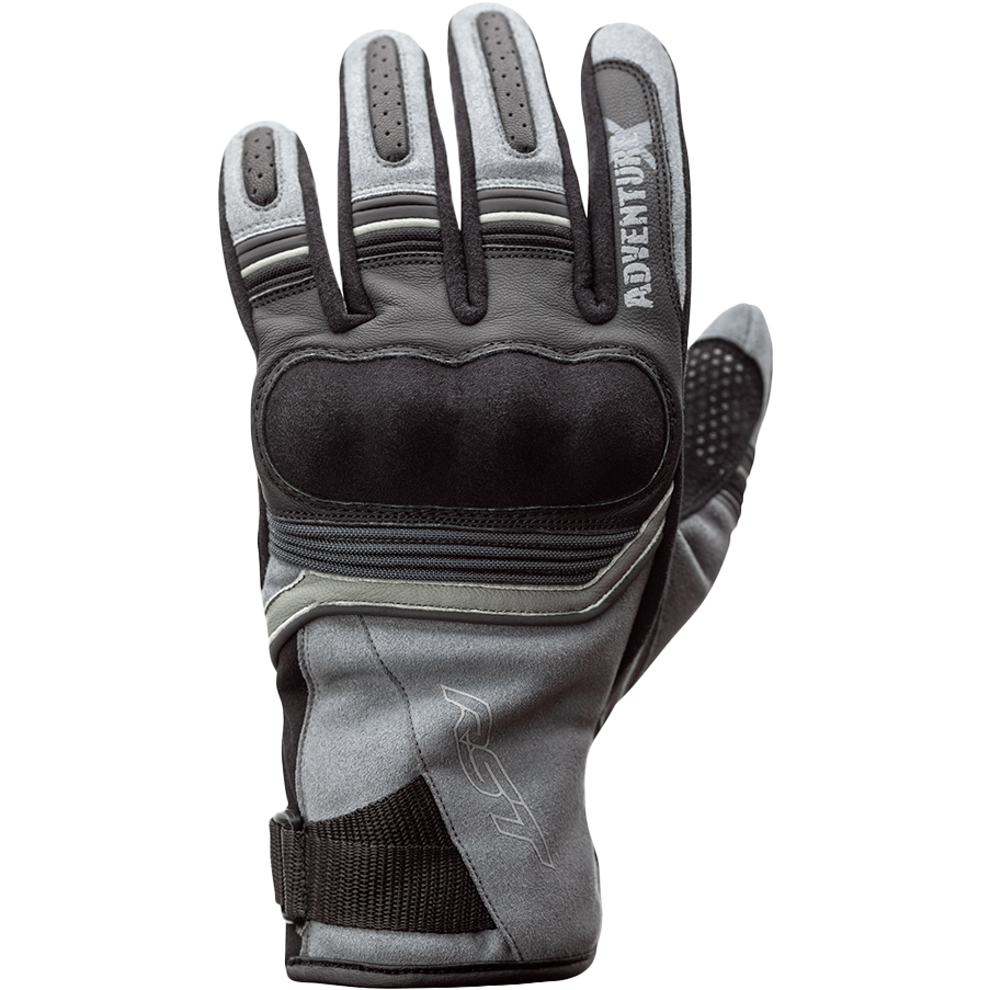 Gray and black glove with 'Adventure' branding on a white background