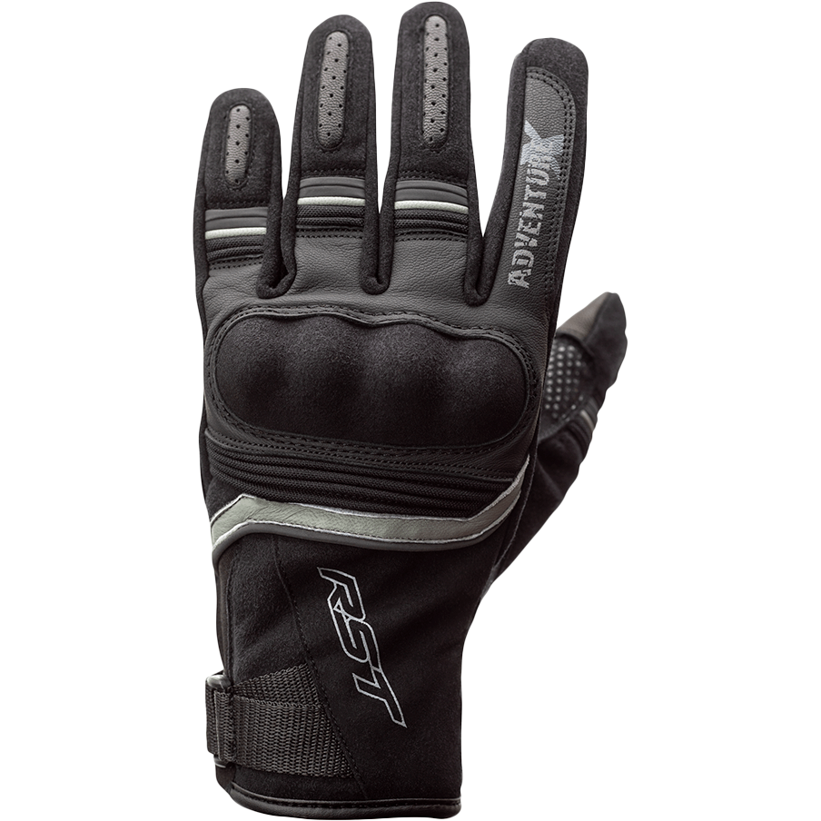Black motorcycle glove with gray accents on a white background