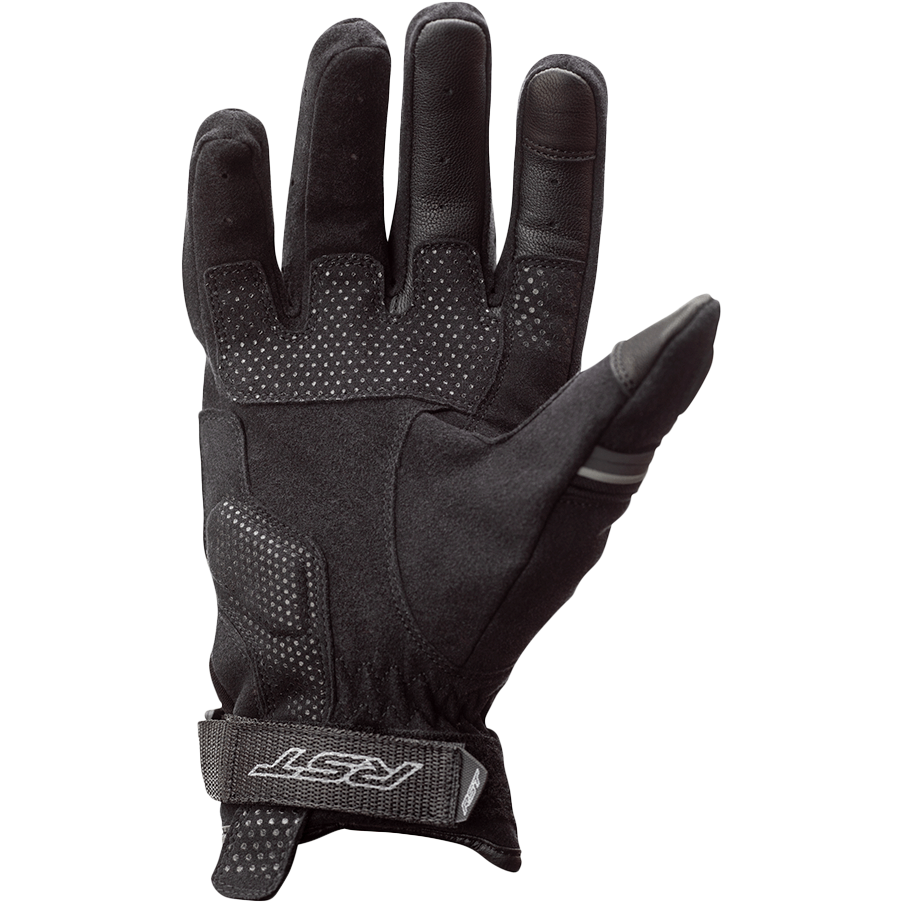 Black glove with text on a white background