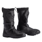 Pair of black motorcycle boots with brand logo on a white background