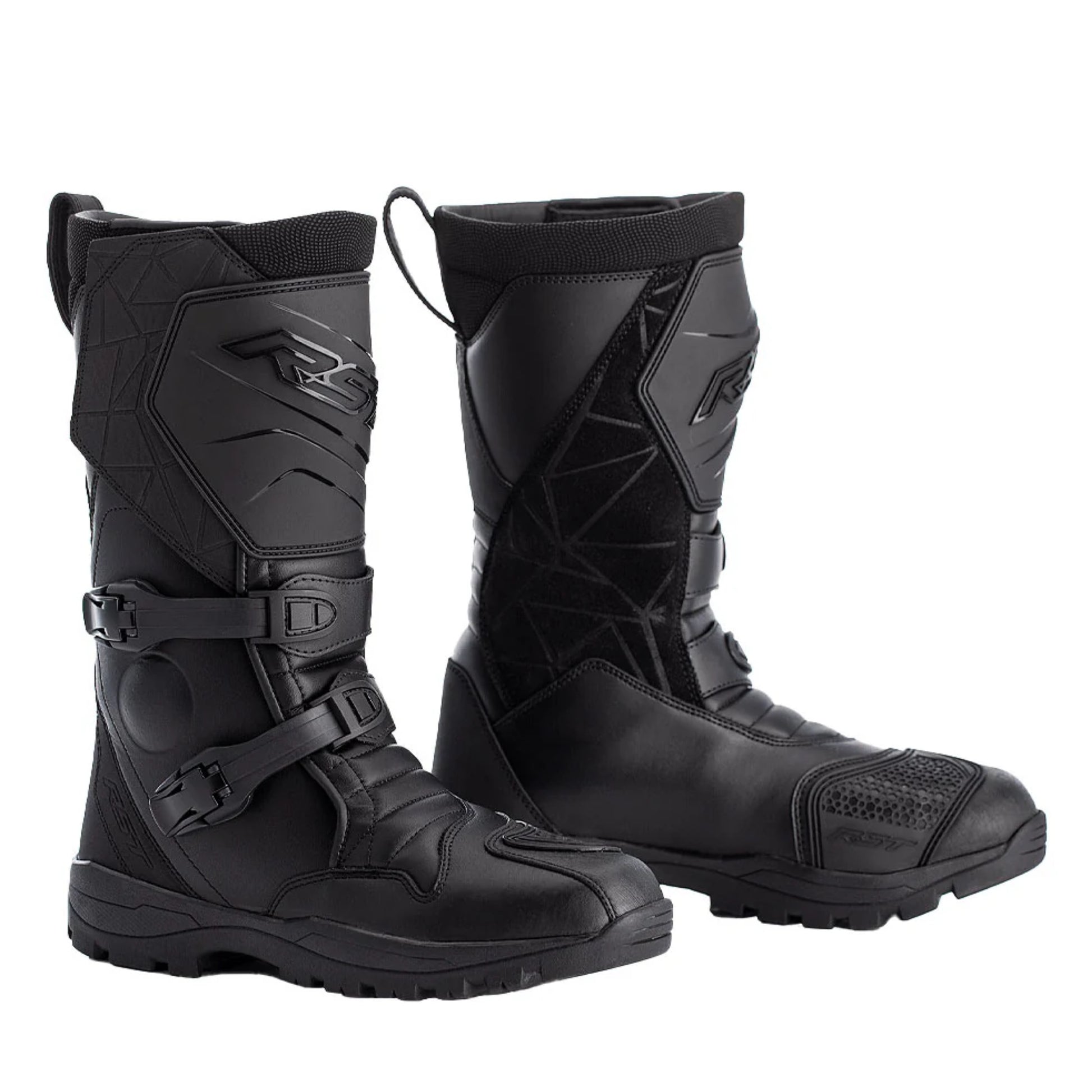 Pair of black motorcycle boots with brand logo on a white background