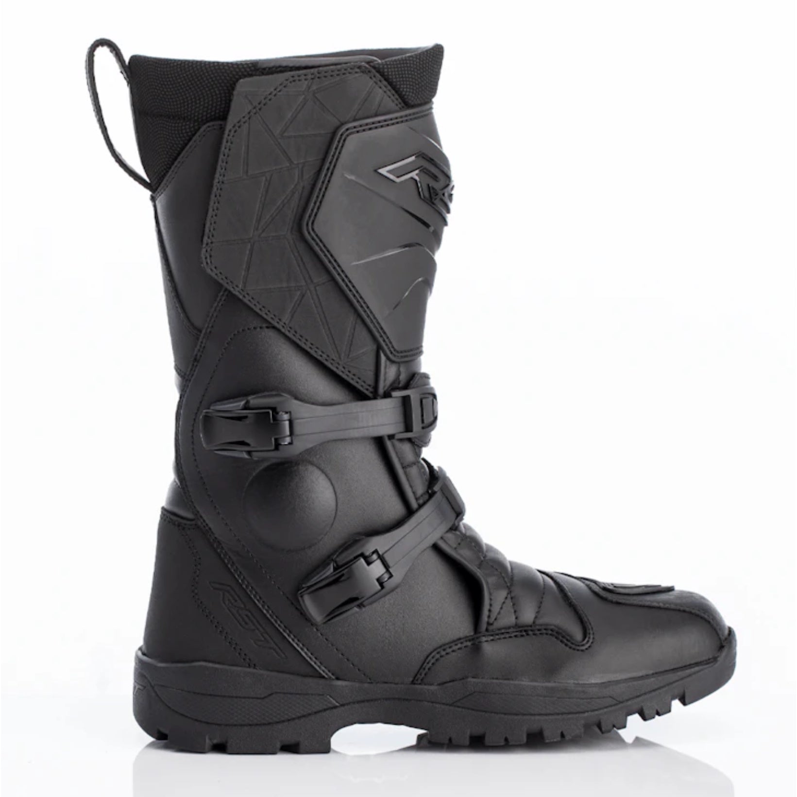 Black motorcycle boot with multiple straps on a white background