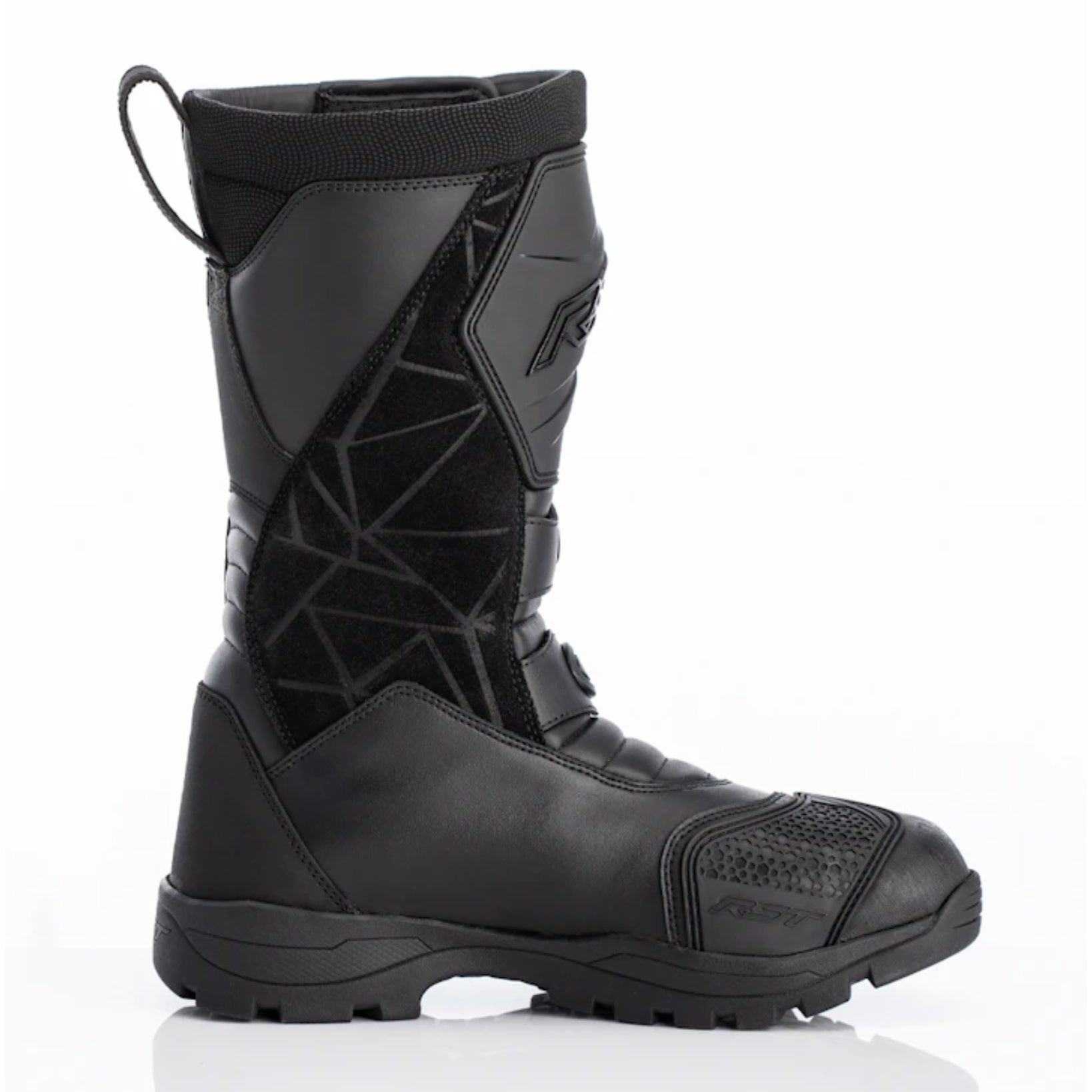 Black motorcycle boot with geometric pattern on a white background