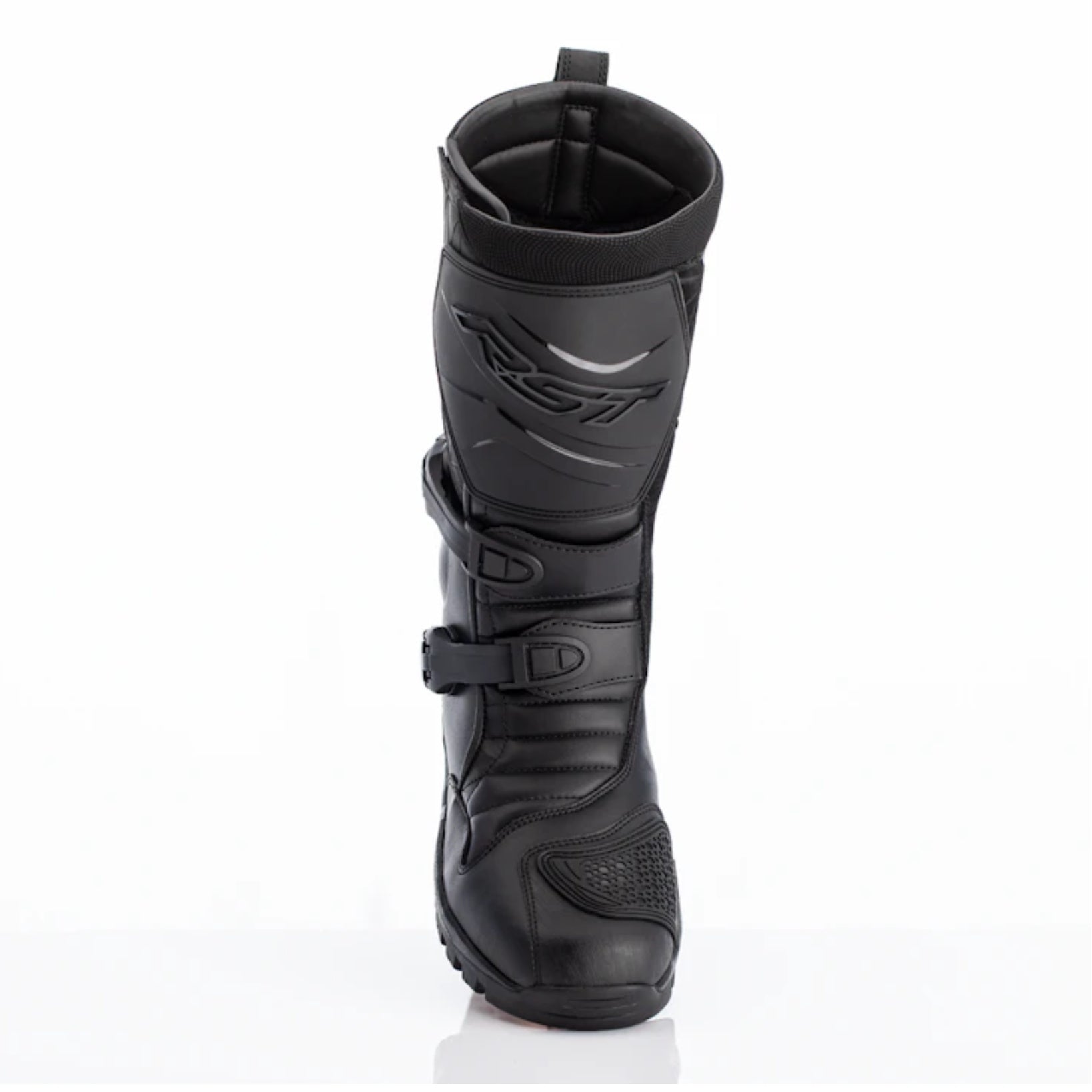 Black motorcycle boot on a white background