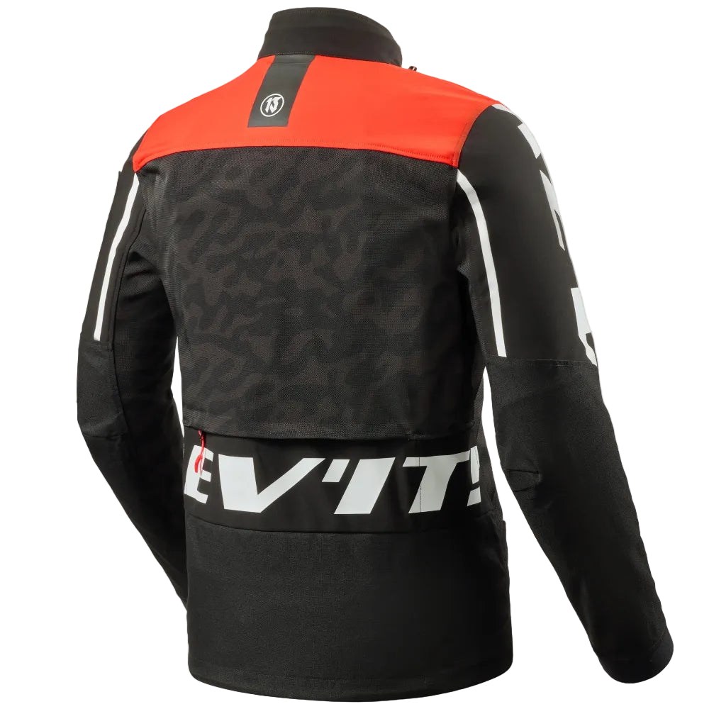 Black motorcycle jacket with red and white accents on a light gray background