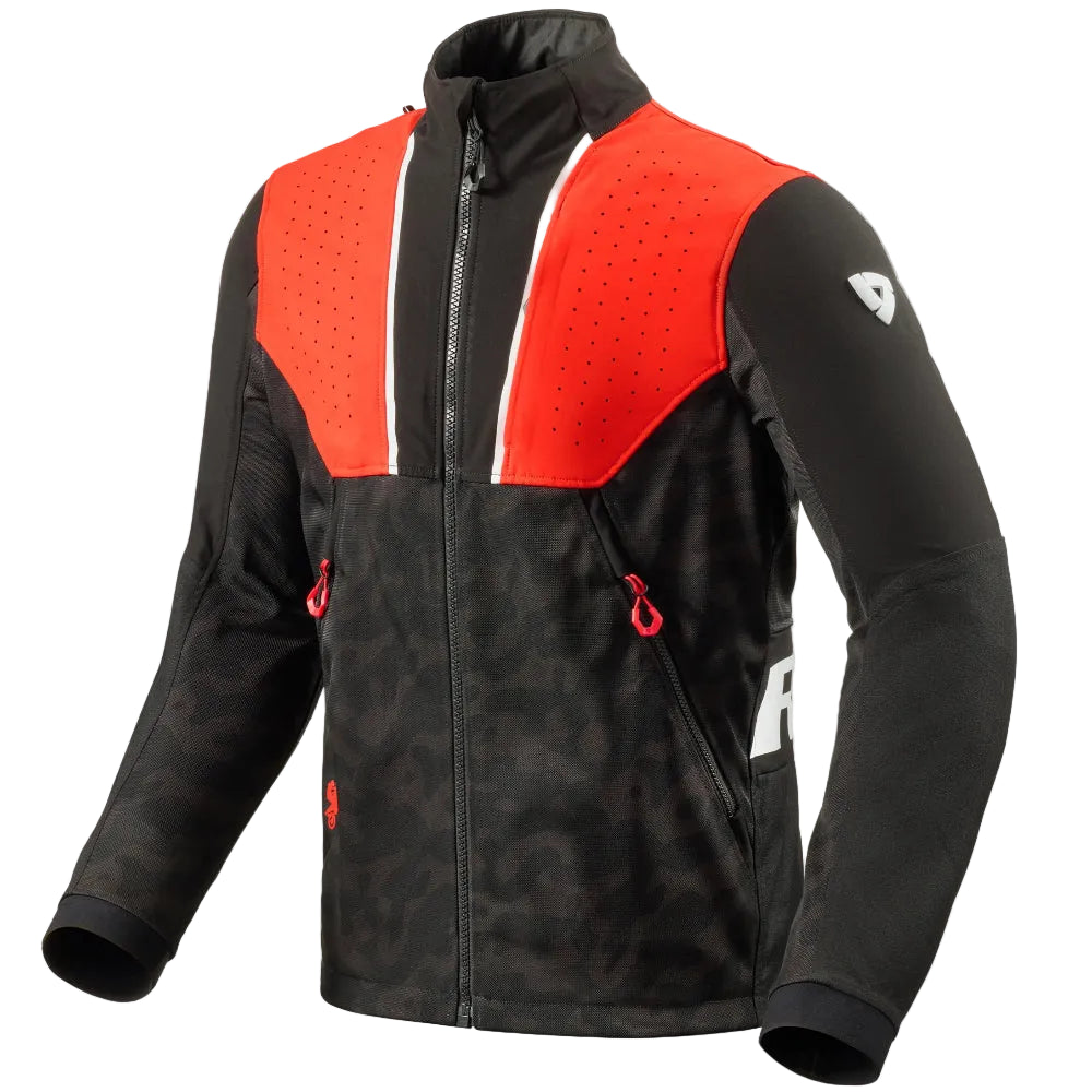 Black and red jacket with brand logo on a light gray background