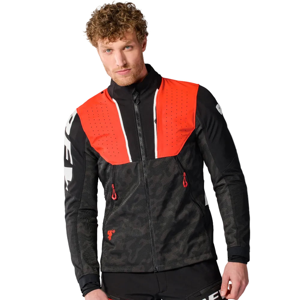 Man wearing a black and orange jacket with Rev'It! logo on a white background