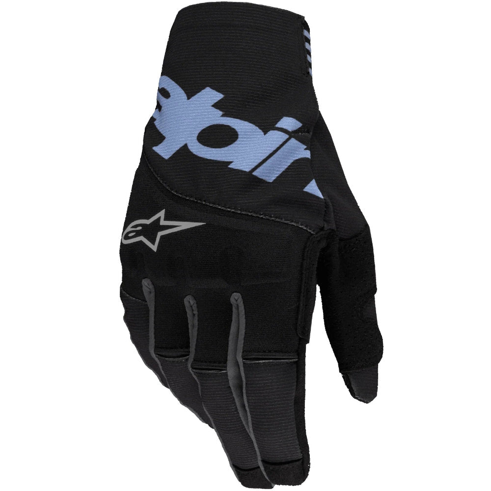 Black glove with blue text and a logo on a white background
