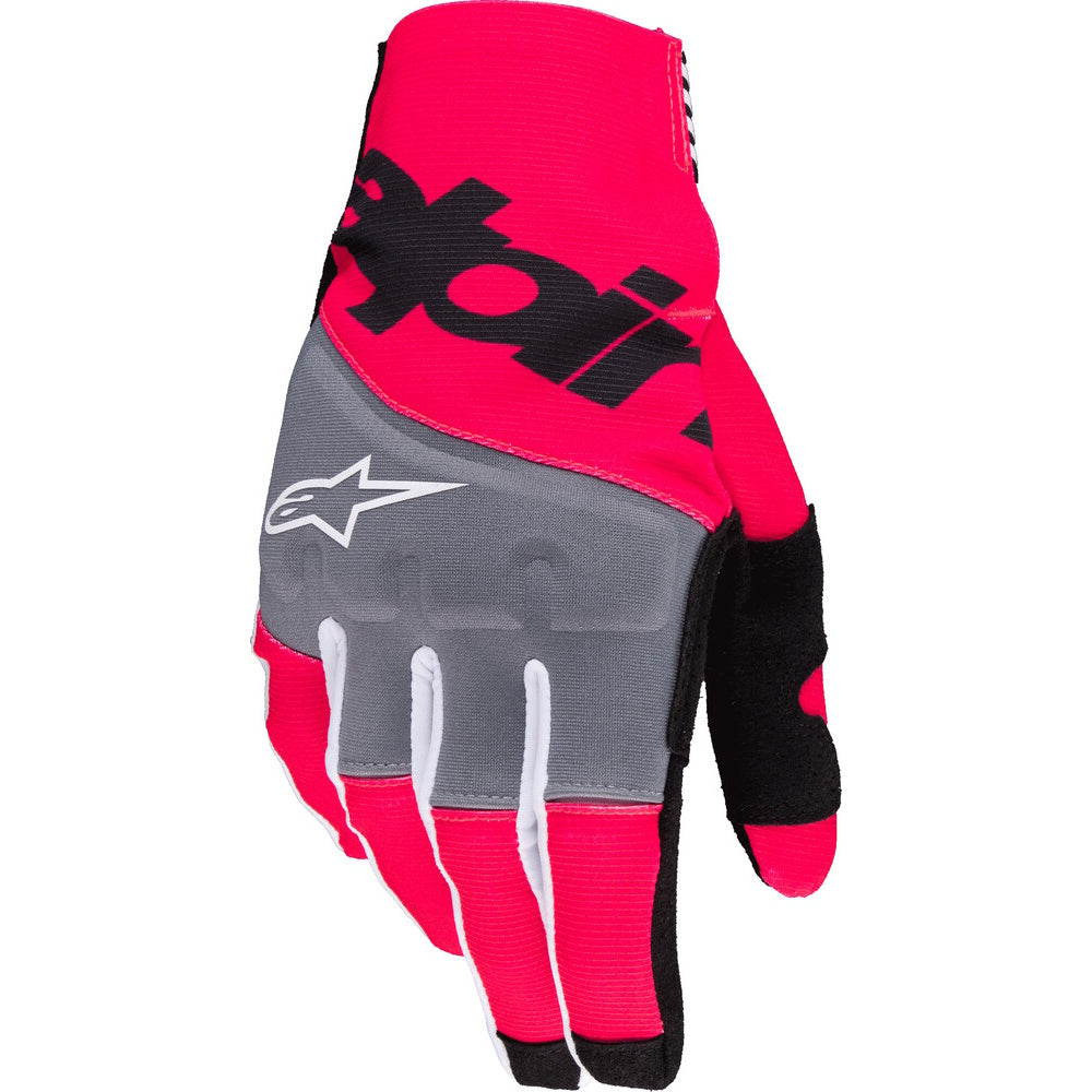 Pink and gray glove with a brand logo on a white background