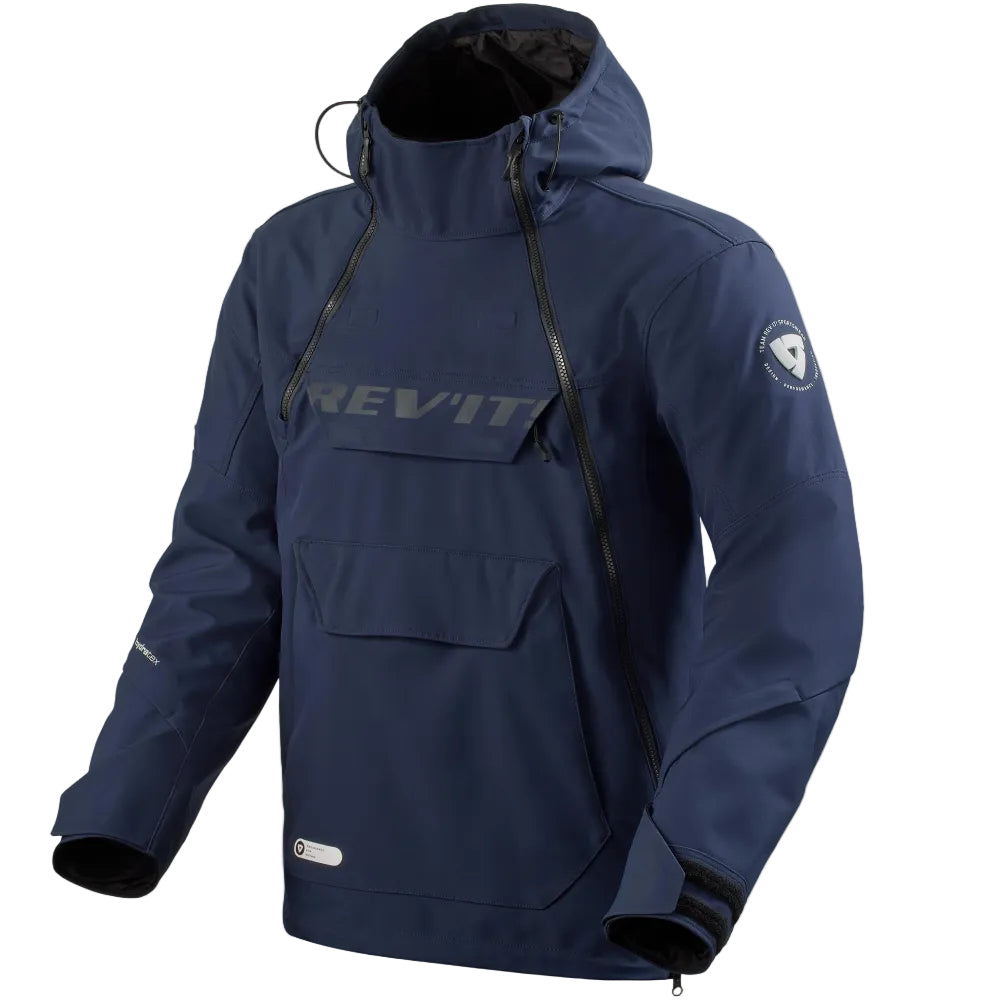Navy blue jacket with brand logo on a light gray background