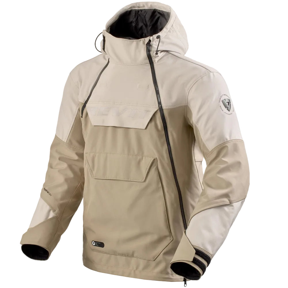 Beige and black jacket with a hood on a white background