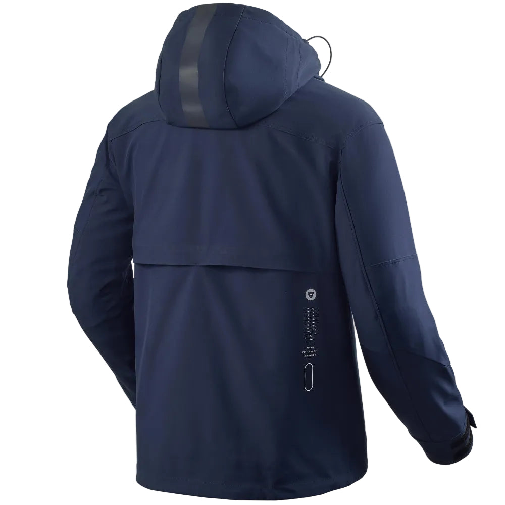 Navy blue jacket with a hood on a light gray background