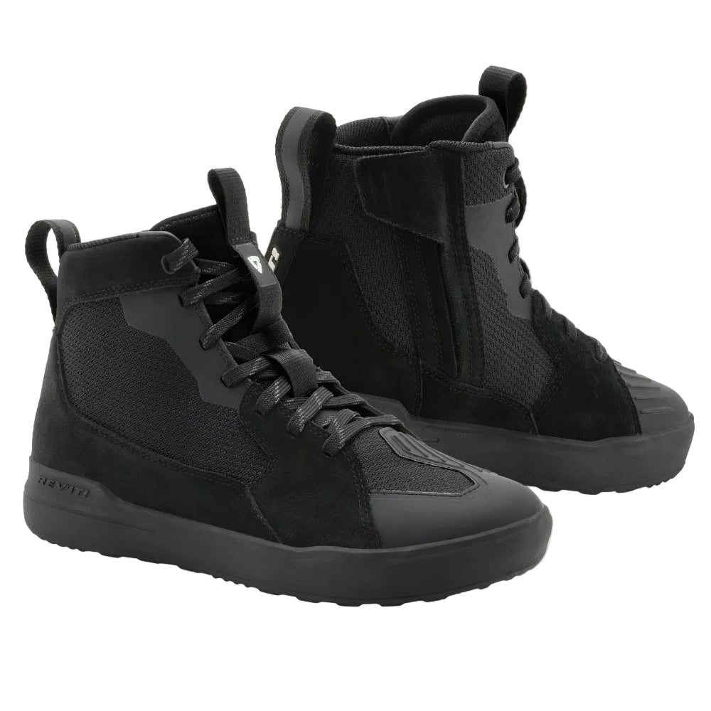 A pair of black high-top sneakers with a mix of suede, mesh, and synthetic materials, shown from a three-quarters angle on a light off-white background.