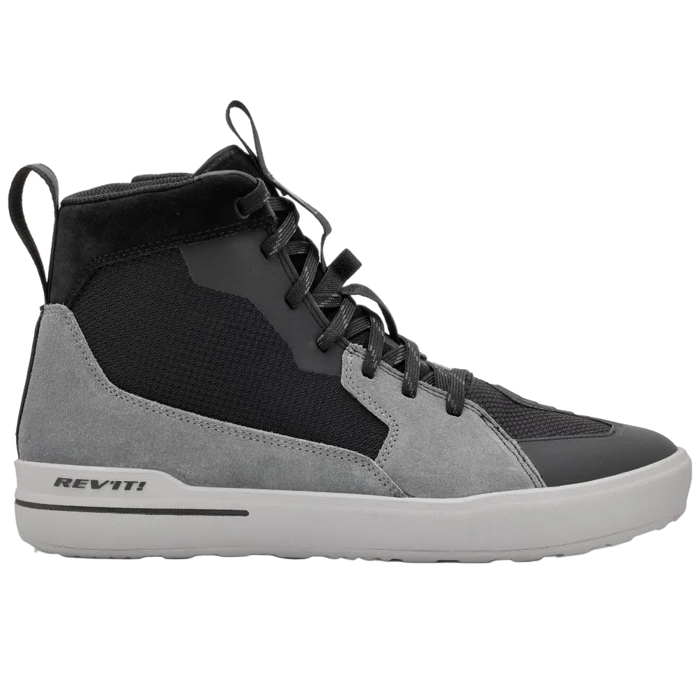 Black and gray high-top sneaker with 'REV'IT' branding on a white background