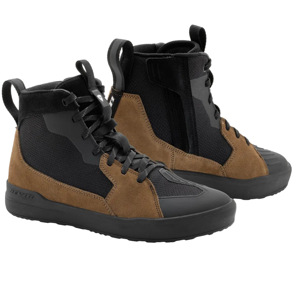 Brown and black high-top sneakers on a light gray background