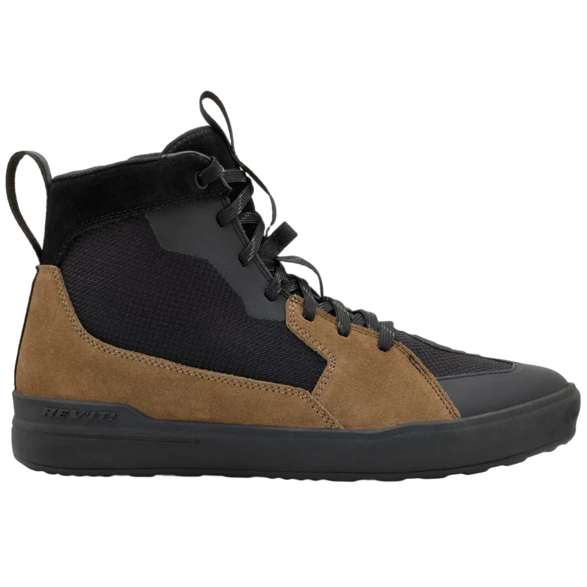 Black and brown high-top sneaker on a light gray background