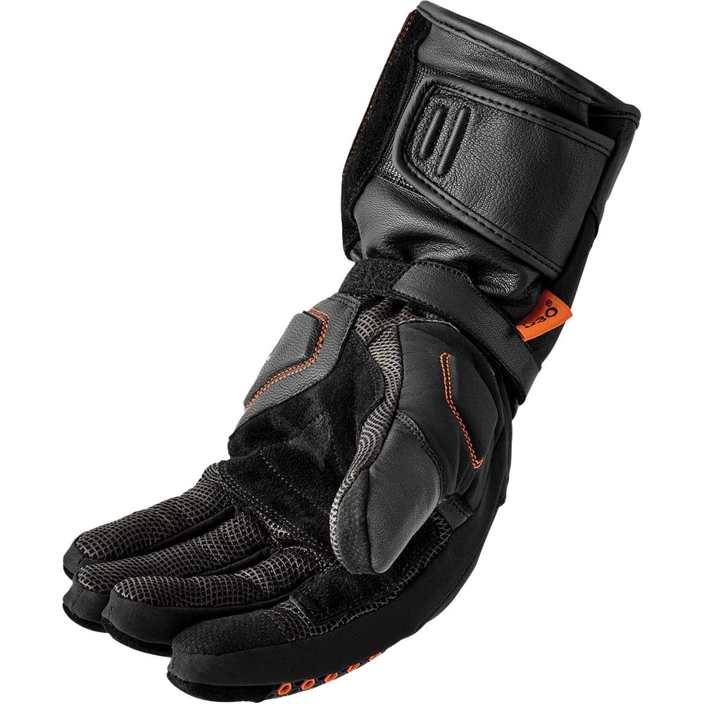 Black motorcycle glove with orange accents on a white background