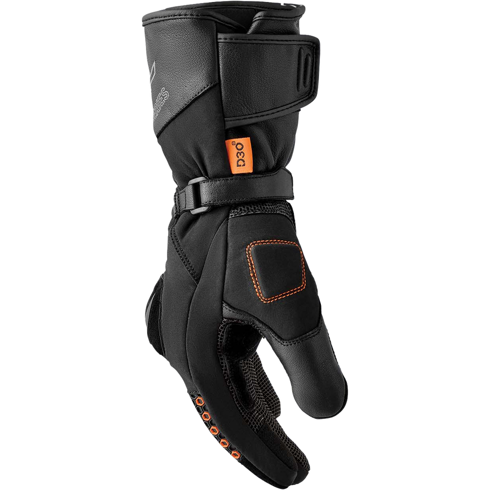 Black glove with orange accents on a white background