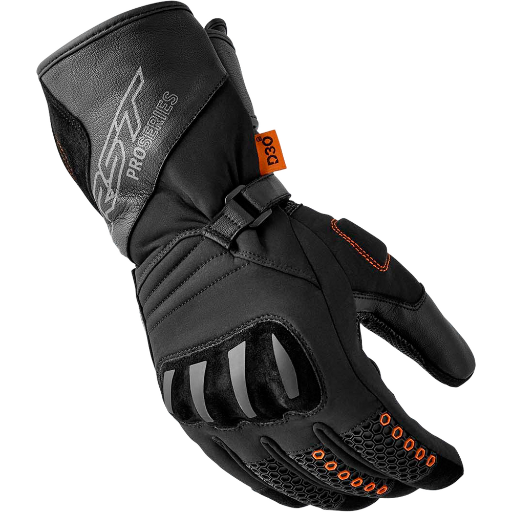 Black motorcycle glove with orange accents on a white background