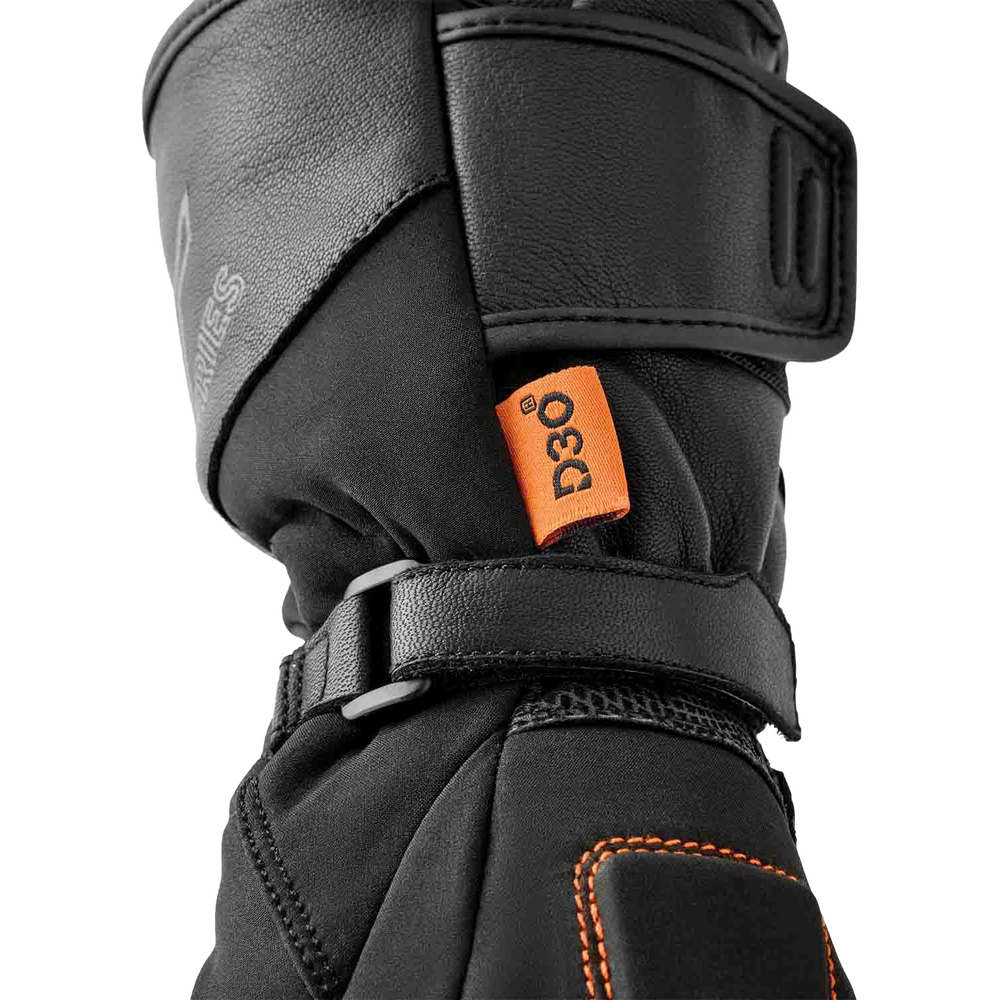 Black protective gear with orange logo on a white background