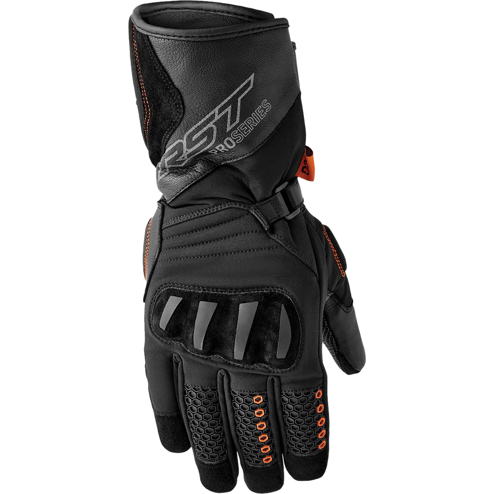 Black motorcycle glove with orange accents on a white background