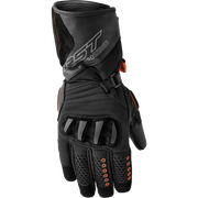 Black motorcycle glove with orange accents on a white background