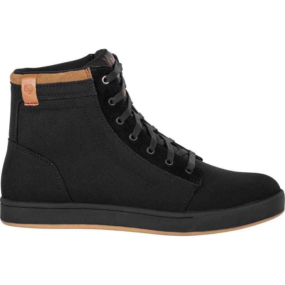 A black high-top sneaker boot with black laces, a black sole, and light brown/tan accents on the collar lining and outsole edge, shown from a side profile on a white background.