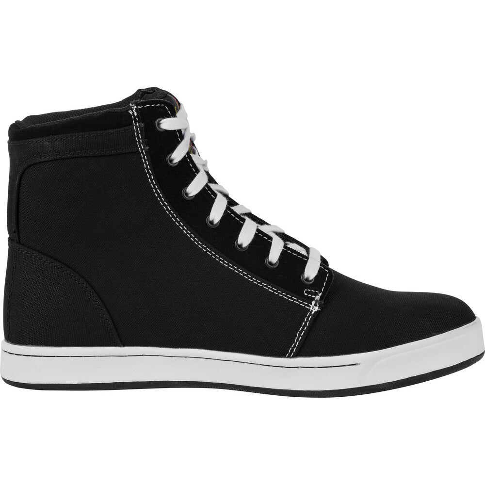 A black high-top sneaker with white laces, white stitching, and a white midsole, shown from a side profile view on a white background.