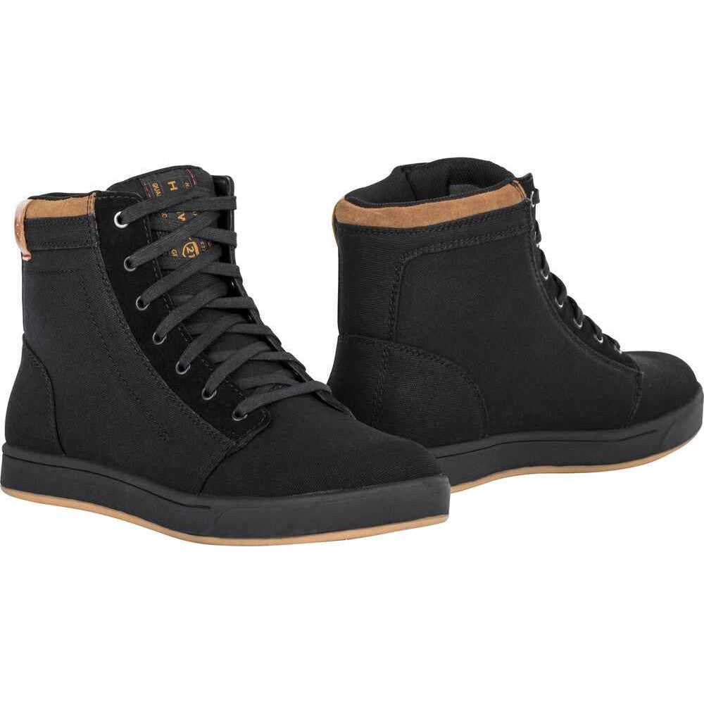 A pair of black high-top lace-up boots with a tan sole and tan lining, shown on a plain white background.