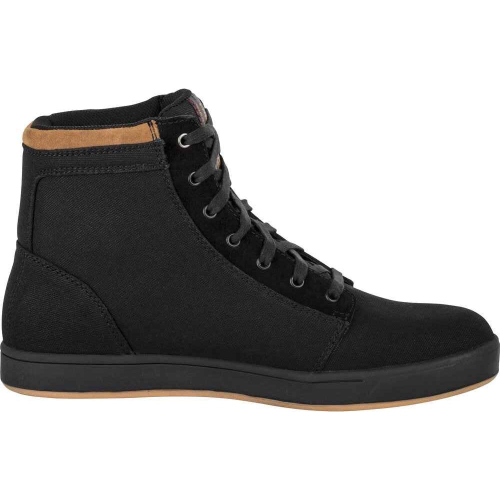 A black high-top lace-up shoe with a black canvas-like upper, black laces, a black sole, and a light tan trim at the collar and along the outsole, shown from a side profile on a white background.