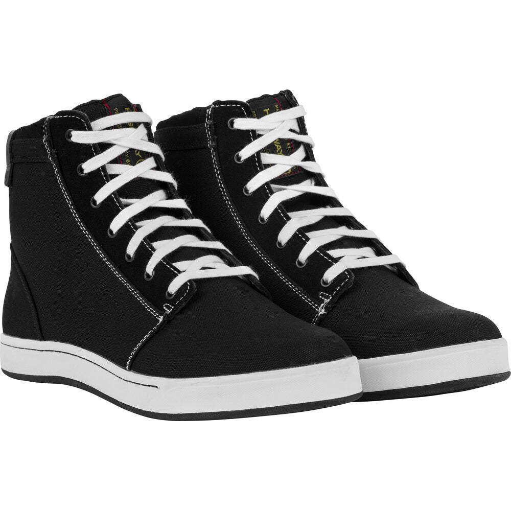 A pair of black high-top sneakers with white laces and white soles, shown from a three-quarters angle on a plain white background.