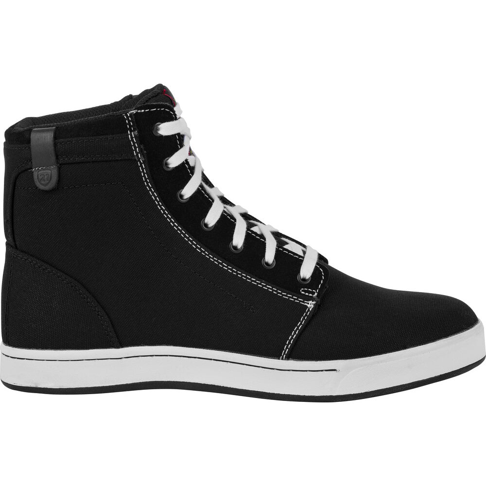 A black high-top canvas sneaker with white laces, white stitching, and a white midsole, shown from a side profile view on a white background.
