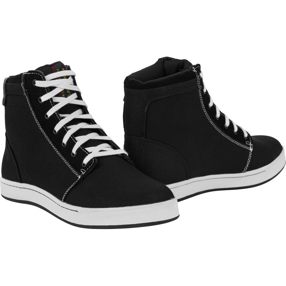 A pair of black high-top sneakers with white laces and white soles, shown from a three-quarters angle on a plain white background.