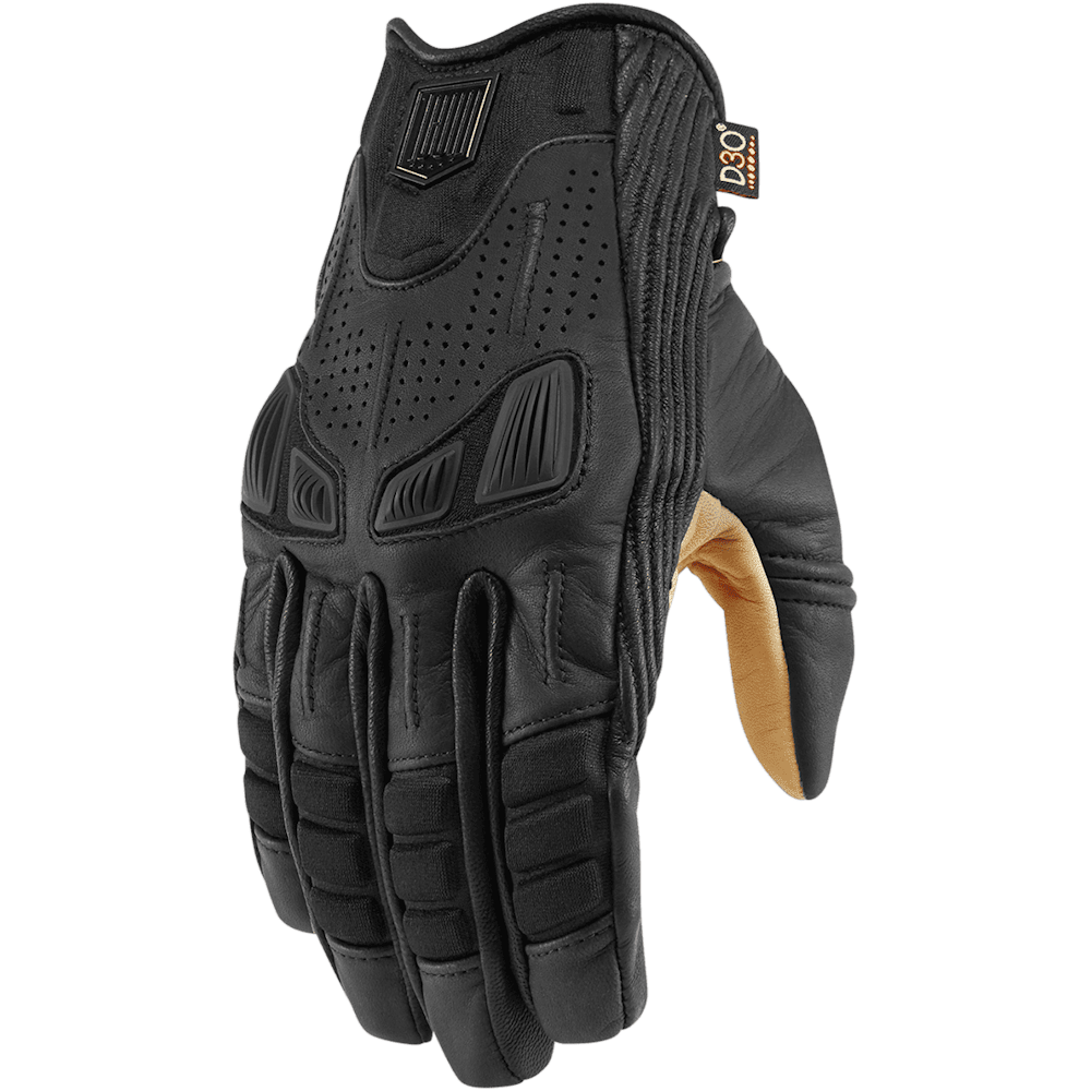 A black leather motorcycle glove with textured grip panels and a tan palm, shown against a solid green background. A small D3O logo patch is visible on the back of the hand.