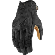 A black leather motorcycle glove with textured grip panels and a tan palm, shown against a solid green background. A small D3O logo patch is visible on the back of the hand.