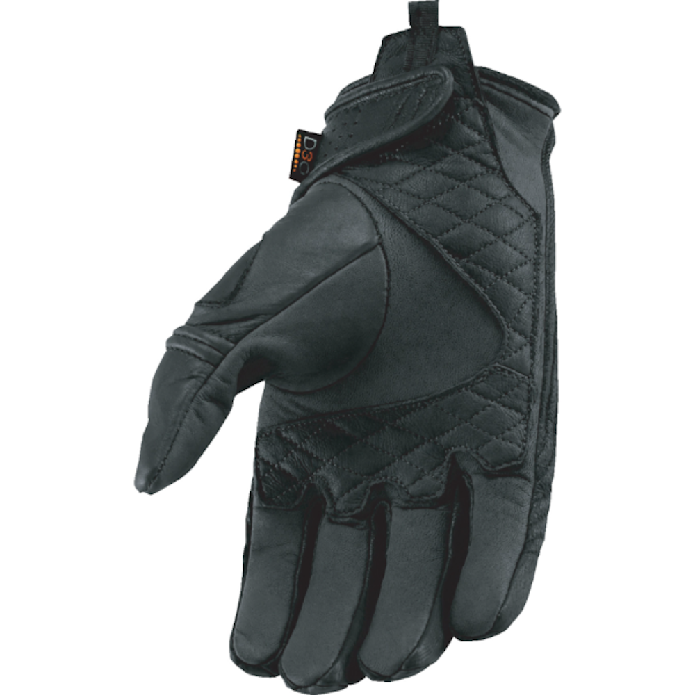 A black leather motorcycle glove with textured grip panels shown against a solid white background. A small D3O logo patch is visible on the back of the hand.