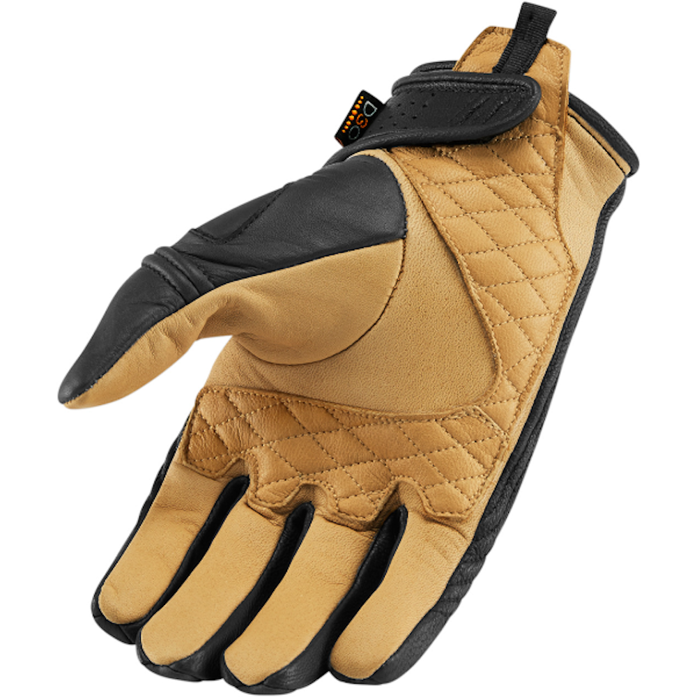 A black leather motorcycle glove with textured grip panels and a tan palm, shown against a solid white background. A small D3O logo patch is visible on the back of the hand.
