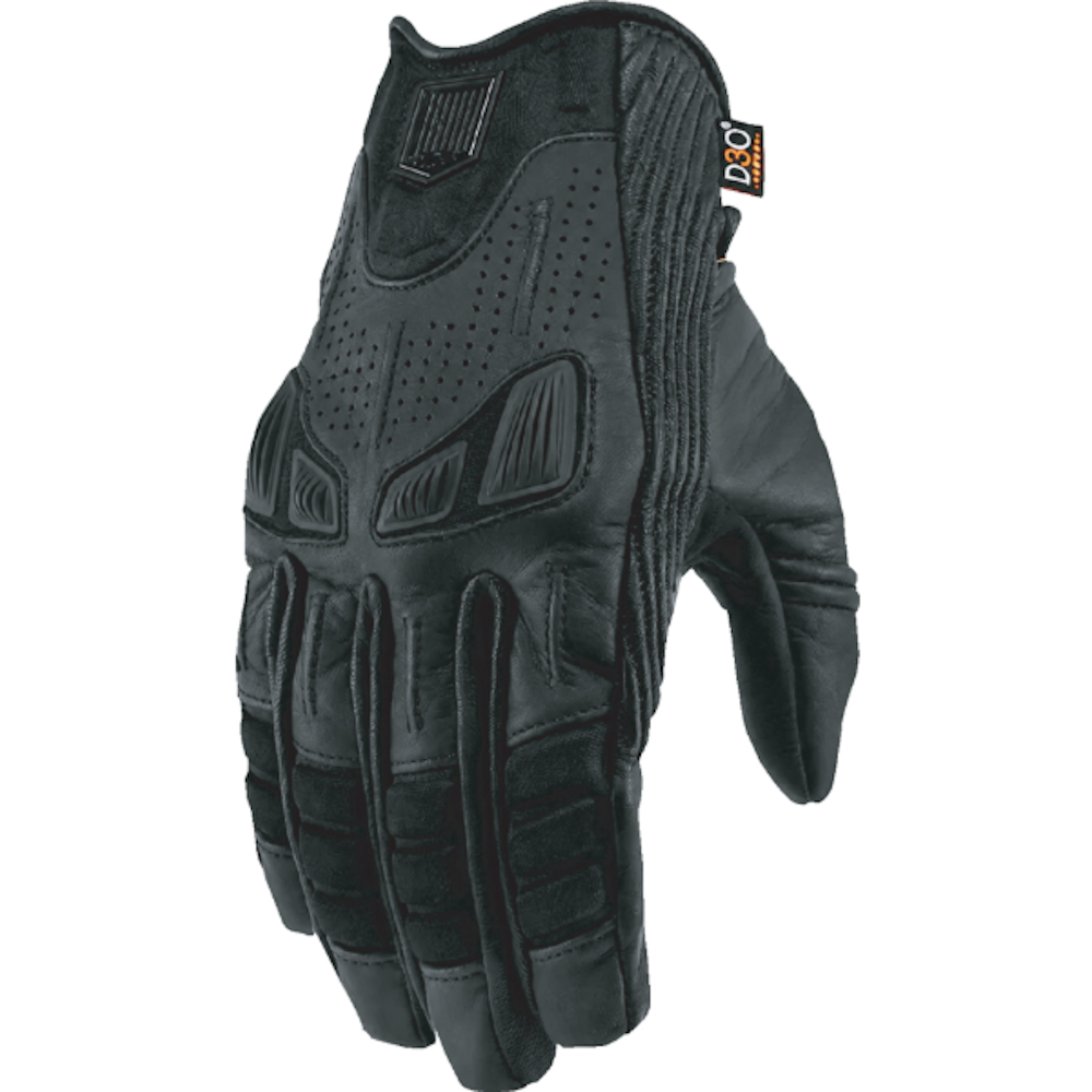 A black leather motorcycle glove with textured grip panels shown against a solid white background. A small D3O logo patch is visible on the back of the hand.