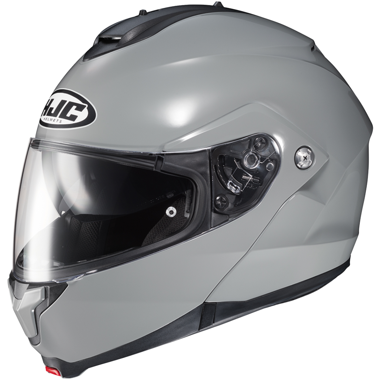 A metallic silver full-face motorcycle helmet with a clear visor, featuring the HJC brand logo on the side.