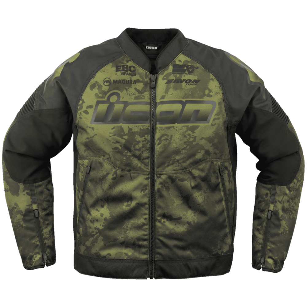 A full-zip motorcycle jacket featuring a green and black camouflage pattern on the body, with solid black sleeves, shoulder armor, and a large 'ICON' logo printed across the chest.