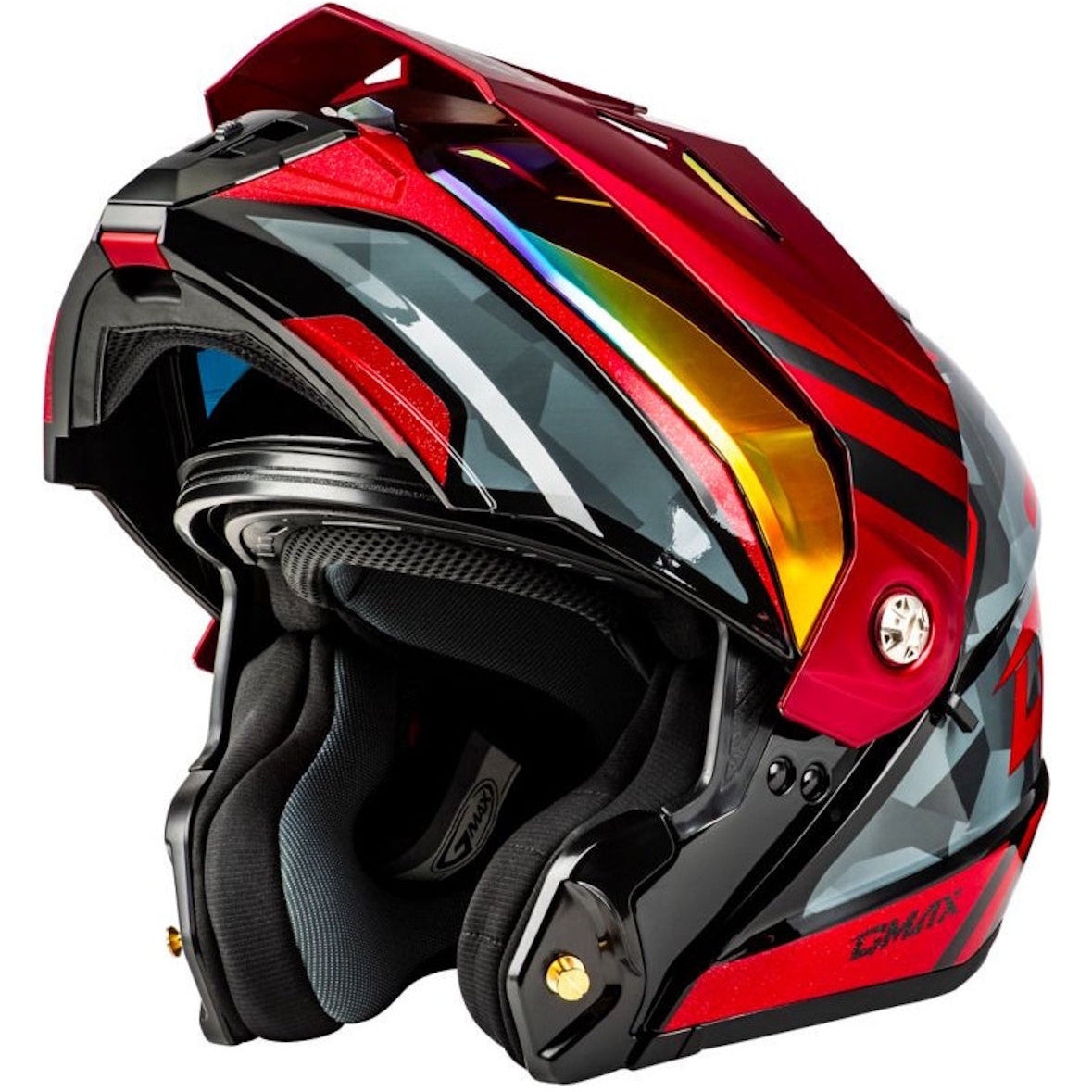 A GMAX full-face motorcycle helmet in a glossy red and black color scheme with a reflective gold/yellow visor, shown from a three-quarters angle on a white background.