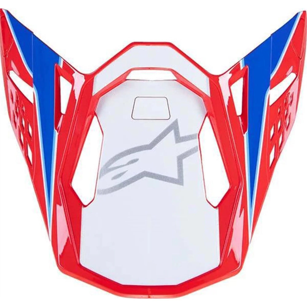 Red, white, and blue helmet visor with a star logo on a white background