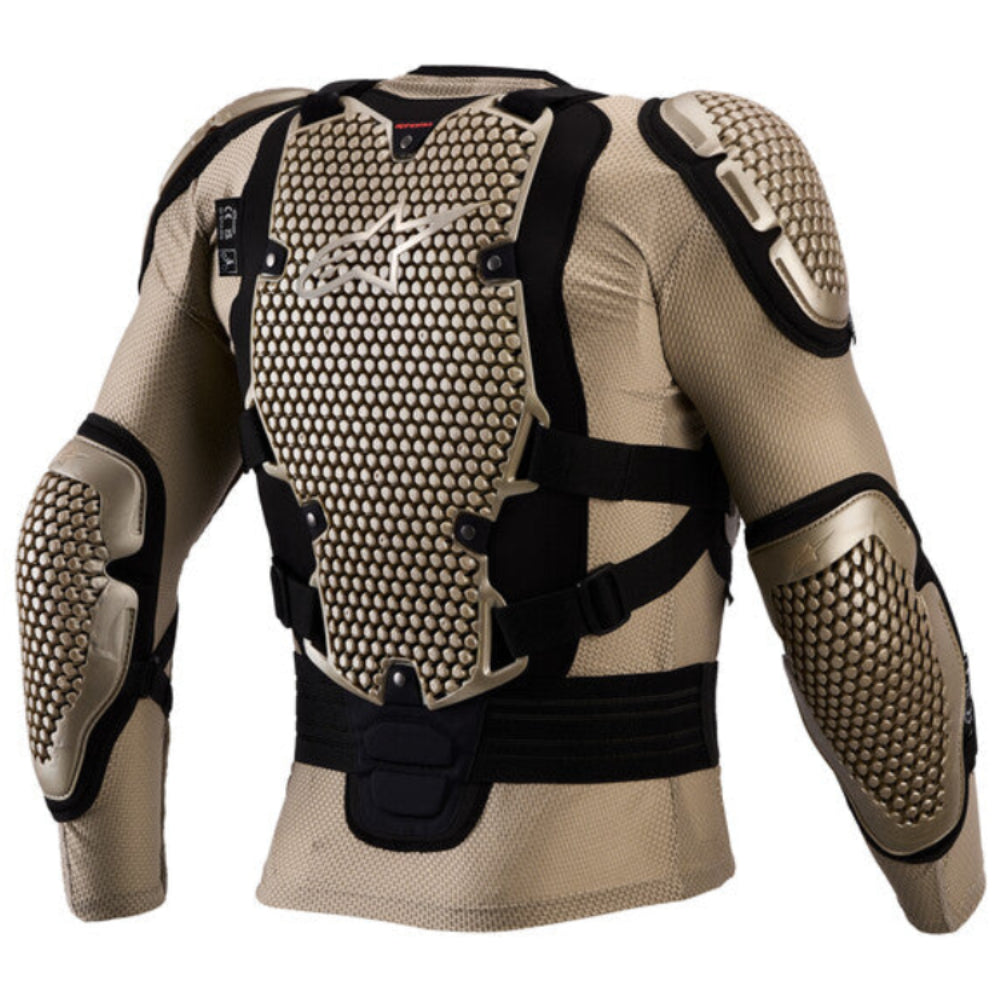 A tactical combat shirt with integrated armor plates, featuring a beige mesh body with black and tan protective padding on the chest, shoulders, and forearms, shown on a white background.