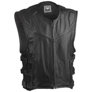 Black leather motorcycle vest with a front zipper, multiple zippered pockets, and side compression straps, shown against a plain white background.