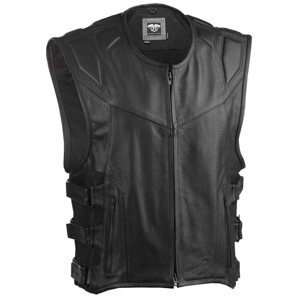 Black leather motorcycle vest with a front zipper, multiple zippered pockets, and side compression straps, shown against a plain white background.